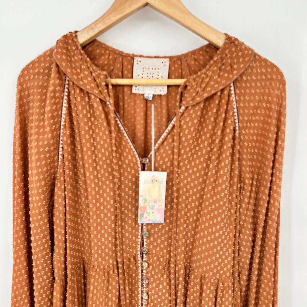 NEW $595 Johnny Was Orla Boho Swiss Dot Flowy Mini Dress Rust Brown Size Small - Picture 5 of 6